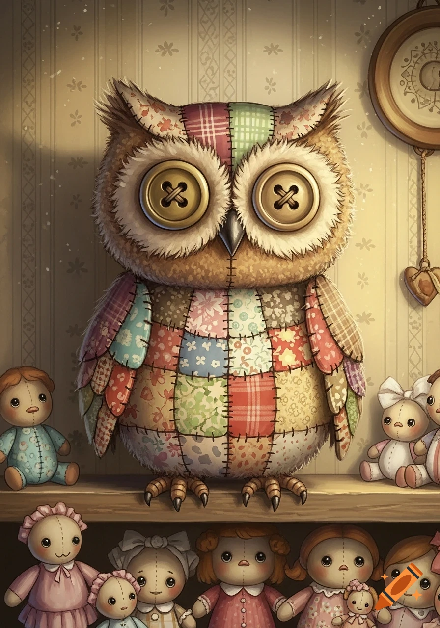 A charming patchwork owl with large button eyes sits on a shelf among various rag dolls, with a soft, comforting aesthetic.