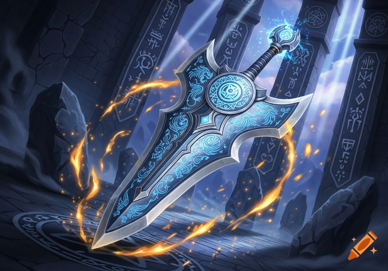 A glowing blue fantasy sword with intricate patterns stands in ancient stone ruins with arcane symbols and fiery sparks.