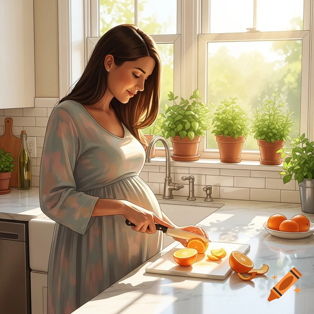 A pregnant woman in a bright kitchen smiles while cutting oranges on a white counter by a sunny window.
