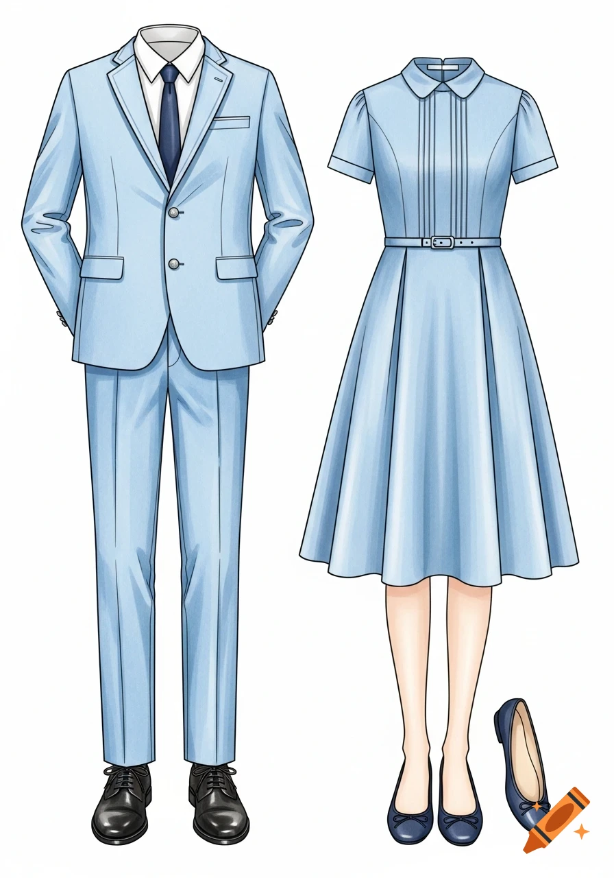 Illustration of a light blue male school uniform suit and a matching female school uniform dress with dark shoes.