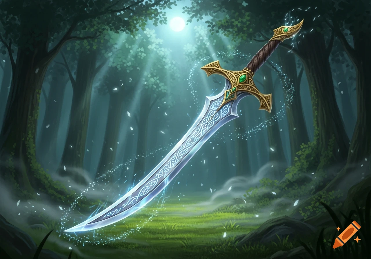 An elegant, glowing elven sword with intricate gold and green hilt floats in a moonlit, mystical forest with light rays and glowing particles.