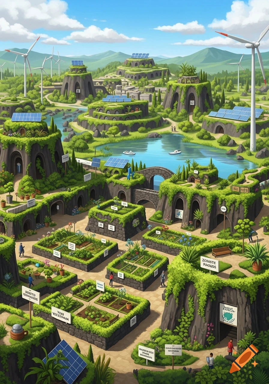 A vibrant, eco-friendly futuristic city with green, moss-covered buildings, solar panels, wind turbines, a central lake, and lush vegetation.