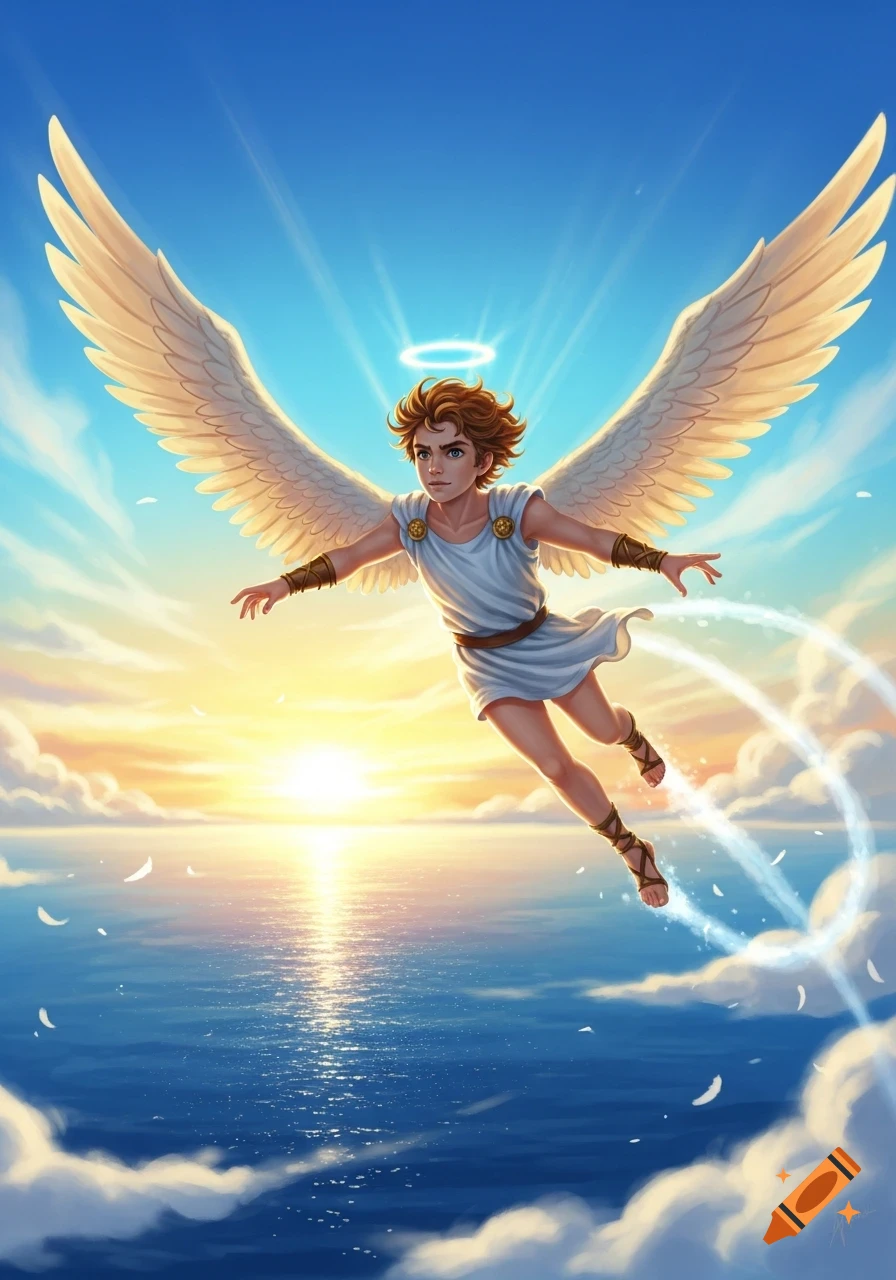 A vibrant illustration of a young angelic boy with large white wings and a halo, flying over a calm ocean at sunrise.