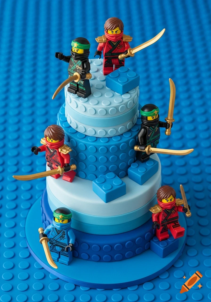 A tiered blue Lego-themed cake with several Lego Ninjago minifigures holding golden swords on a blue studded background.