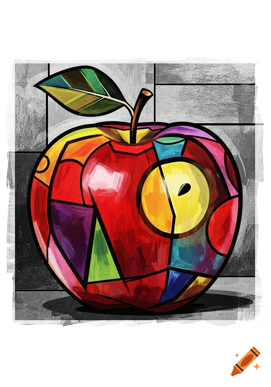 A cubist-style apple, vibrantly colored with geometric shapes and black outlines, on a gray textured background.