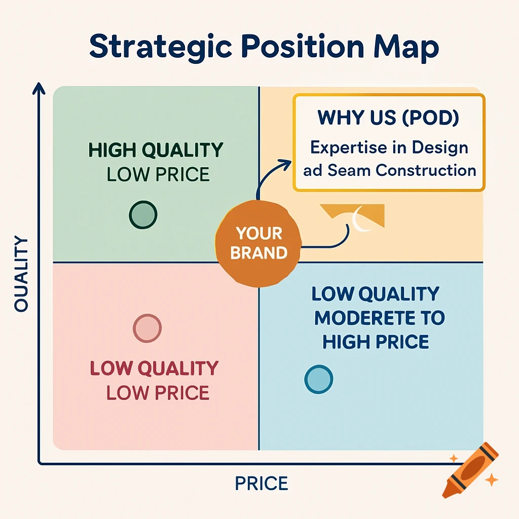 A strategic position map chart with quality on the y-axis and price on the x-axis, divided into four quadrants. Labels include 'Your Brand' and 'Why Us (POD)'.