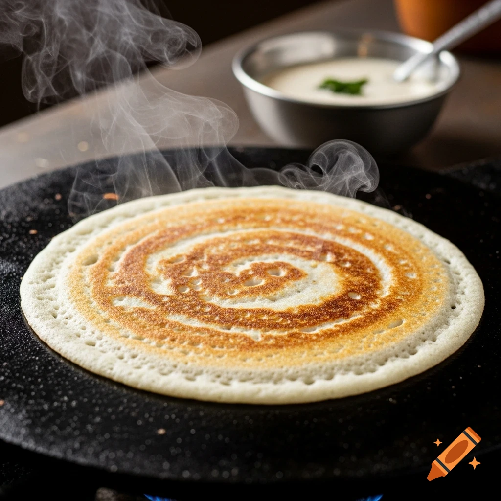 Ultra-realistic close-up of a steaming South Indian dosa cooking on a black tawa, golden brown with a bowl of batter blurred in the background.