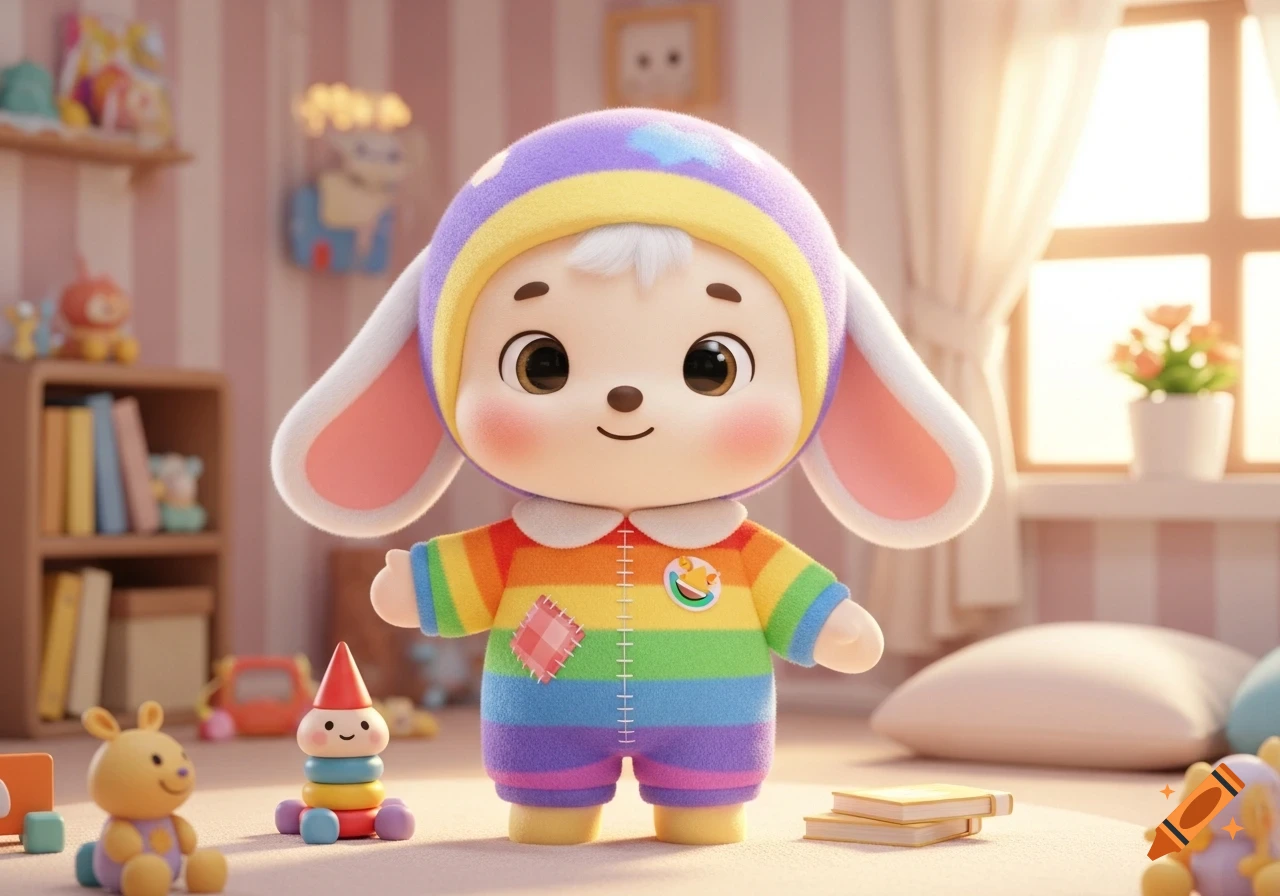 Cute cartoon bunny character in a rainbow outfit stands in a bright playroom with various toys.
