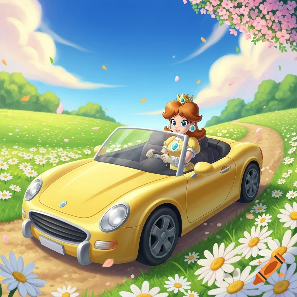 Princess Daisy drives a yellow convertible car on a winding dirt path through a field of daisies under a blue sky, cartoon style.