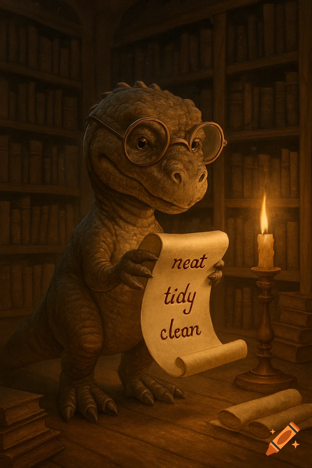 A cute dinosaur with glasses holds a scroll with 'neat, tidy, clean' in a cozy, candlelit library, illustrated in warm tones.