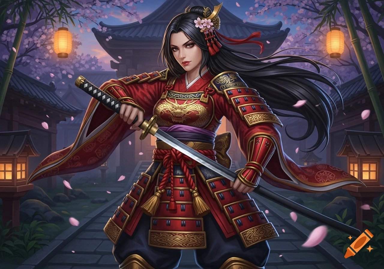 An illustrated anime-style samurai woman in red armor holding a katana, standing before a traditional Japanese building with cherry blossoms.