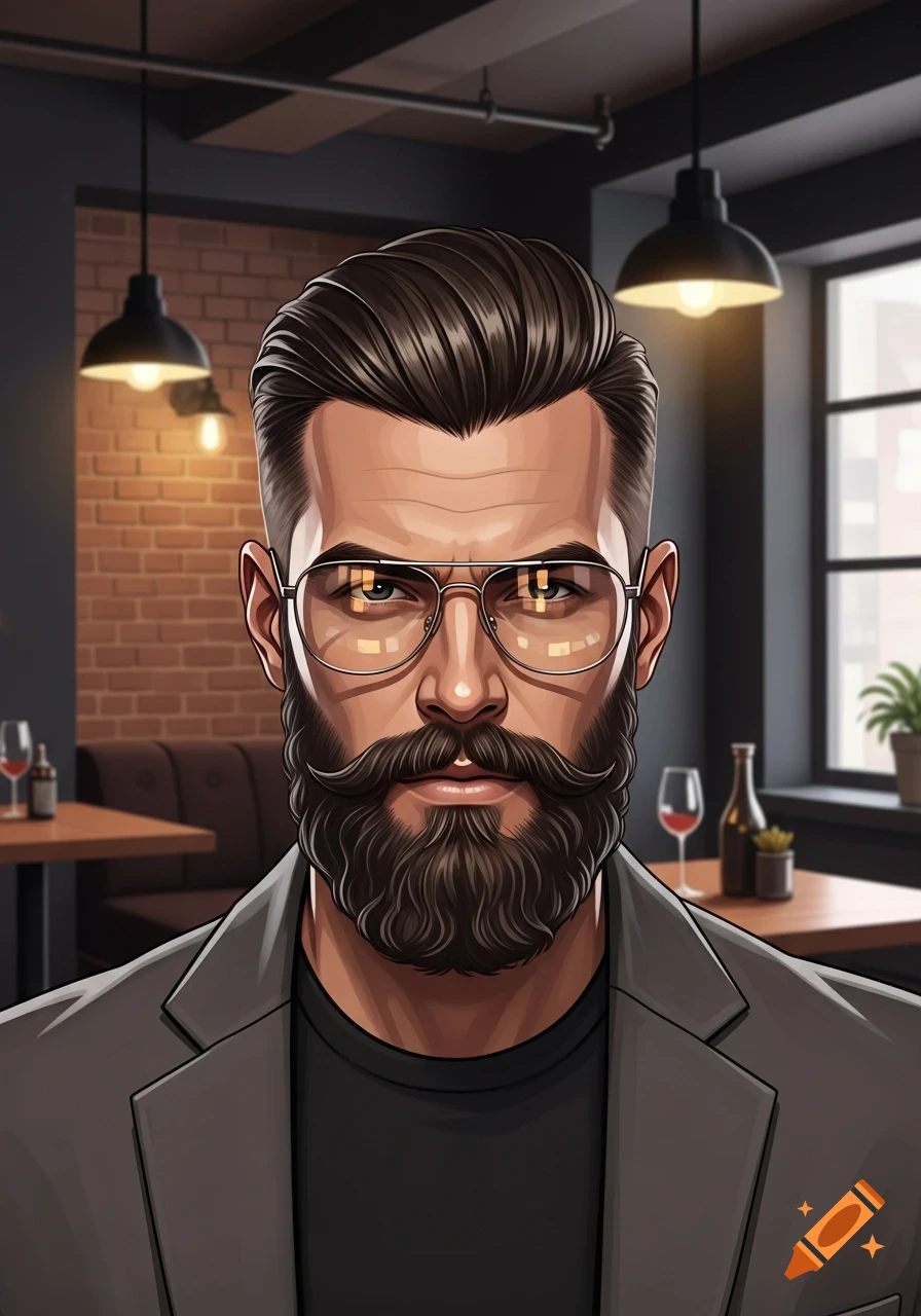 Stylized portrait of a bearded man with glasses looking forward in a dimly lit cafe.