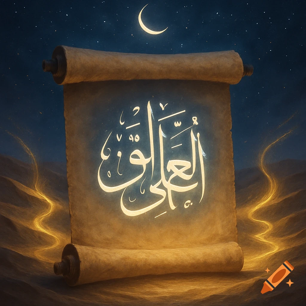 A glowing ancient scroll with Arabic calligraphy lies on desert sands under a starry night sky and crescent moon.