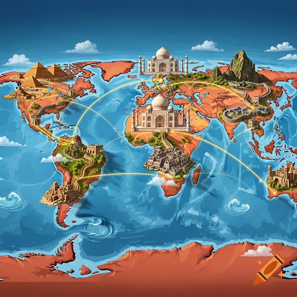 An illustrated world map showing famous wonders like the Pyramids and Taj Mahal connected by yellow lines.