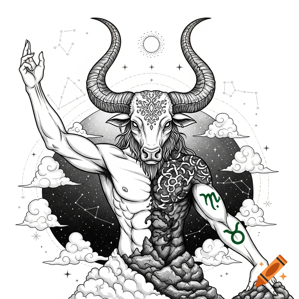 Black and white drawing of a muscular figure with a bull's head and large horns. Celestial patterns adorn the head and background, with zodiac symbols (Taurus and Scorpio) on the left arm. Clouds and cosmic elements surround the lower body.