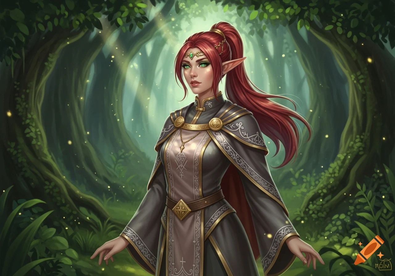 An elven female with red hair in a ponytail and green eyes, wearing medieval cleric robes, stands in an enchanted forest.