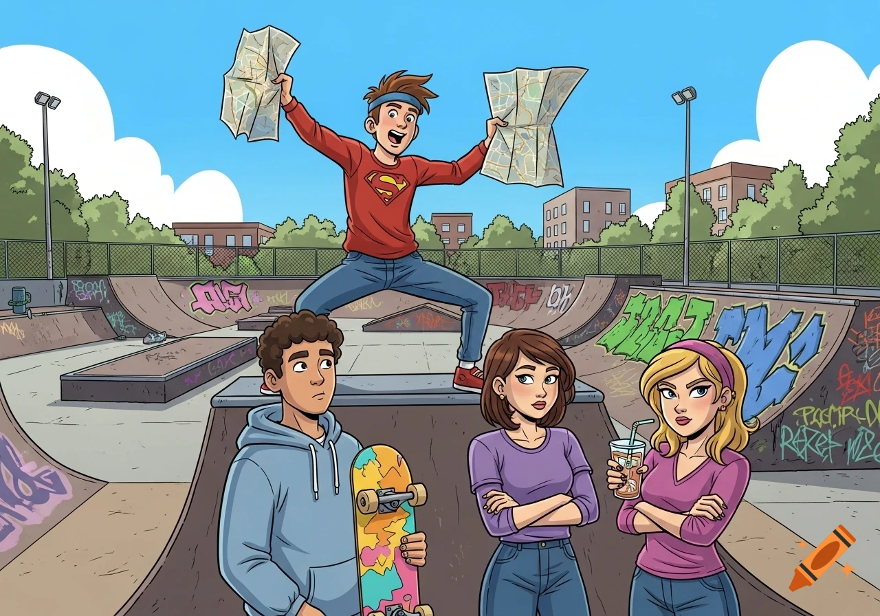 A cartoon scene with a boy in a Superman shirt jumping on a skatepark ramp holding maps, while three friends below look confused.