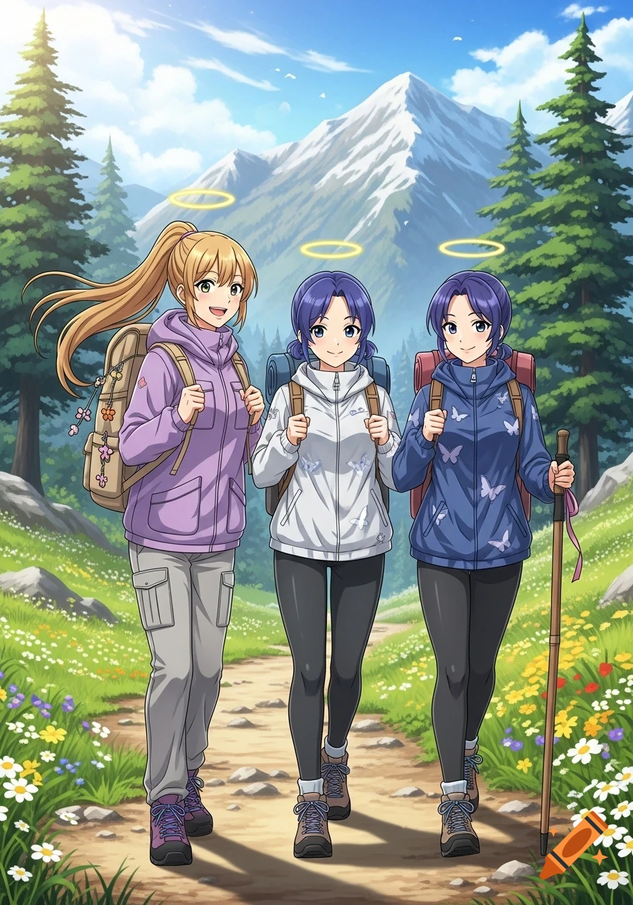 Three anime women with backpacks and halos hike on a mountain trail with wildflowers and pine trees under a blue sky.