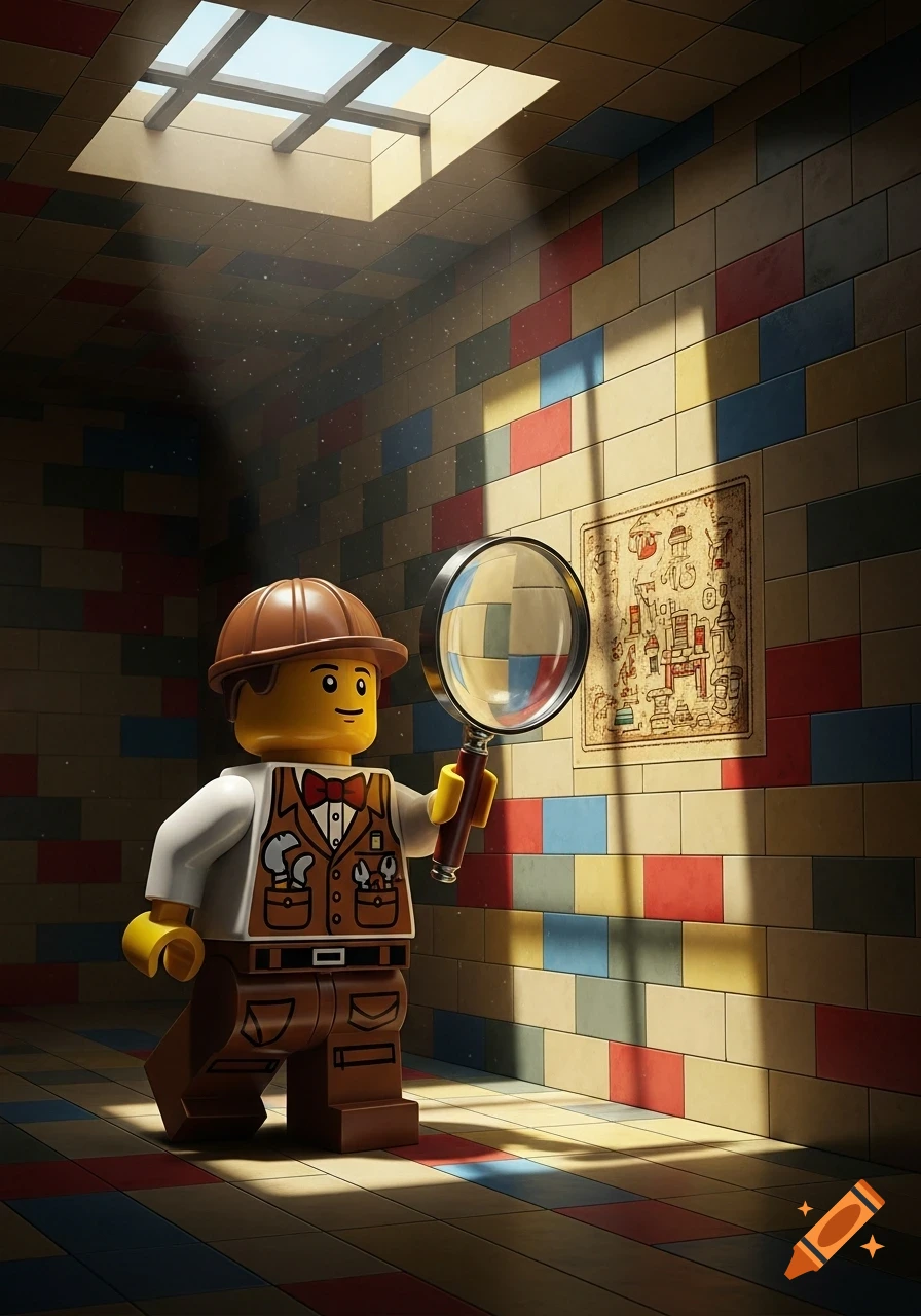 A Lego detective in a brown helmet and vest holds a magnifying glass, examining a drawing on a colorful tiled wall in a sunlit room.