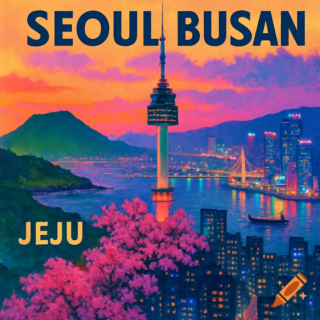 Vibrant travel poster of South Korean cities with N Seoul Tower, mountains, cherry blossoms, and text: SEOUL BUSAN, JEJU.