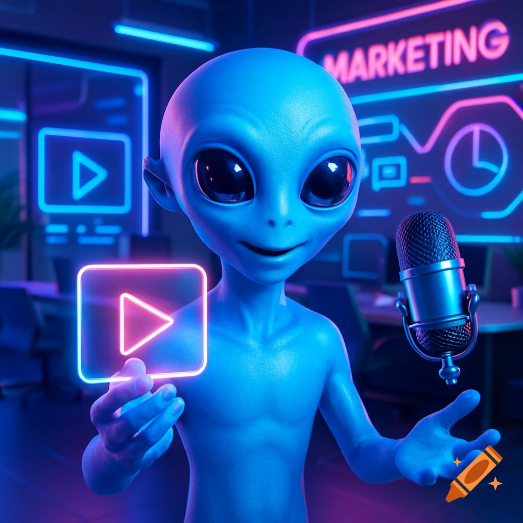 A friendly blue alien with big eyes in a futuristic marketing agency, surrounded by glowing holographic video icons and a floating microphone.