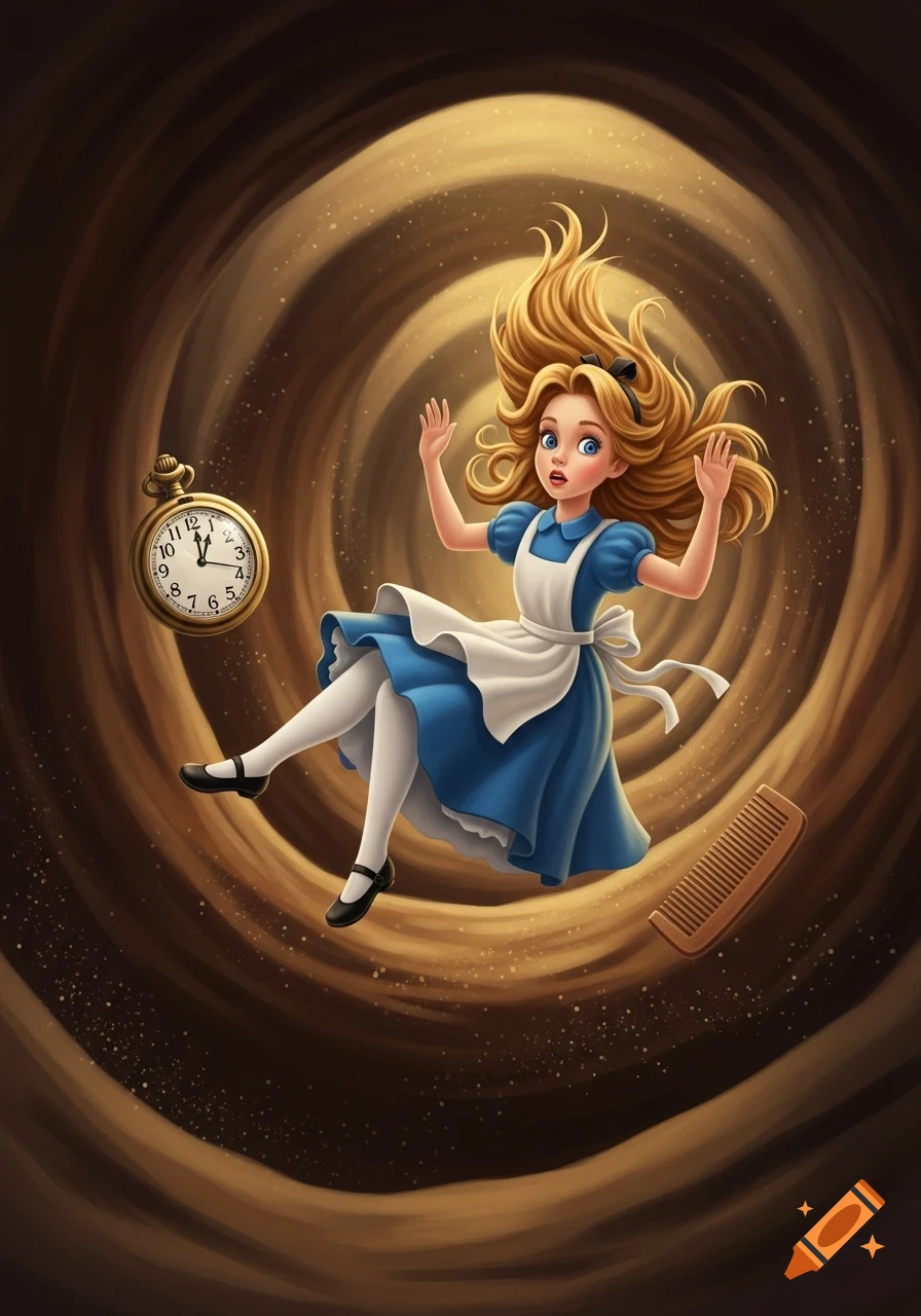Alice, a blonde girl in a blue dress and white apron, falls through a spiraling brown rabbit hole. A pocket watch and a comb float nearby in this storybook illustration.