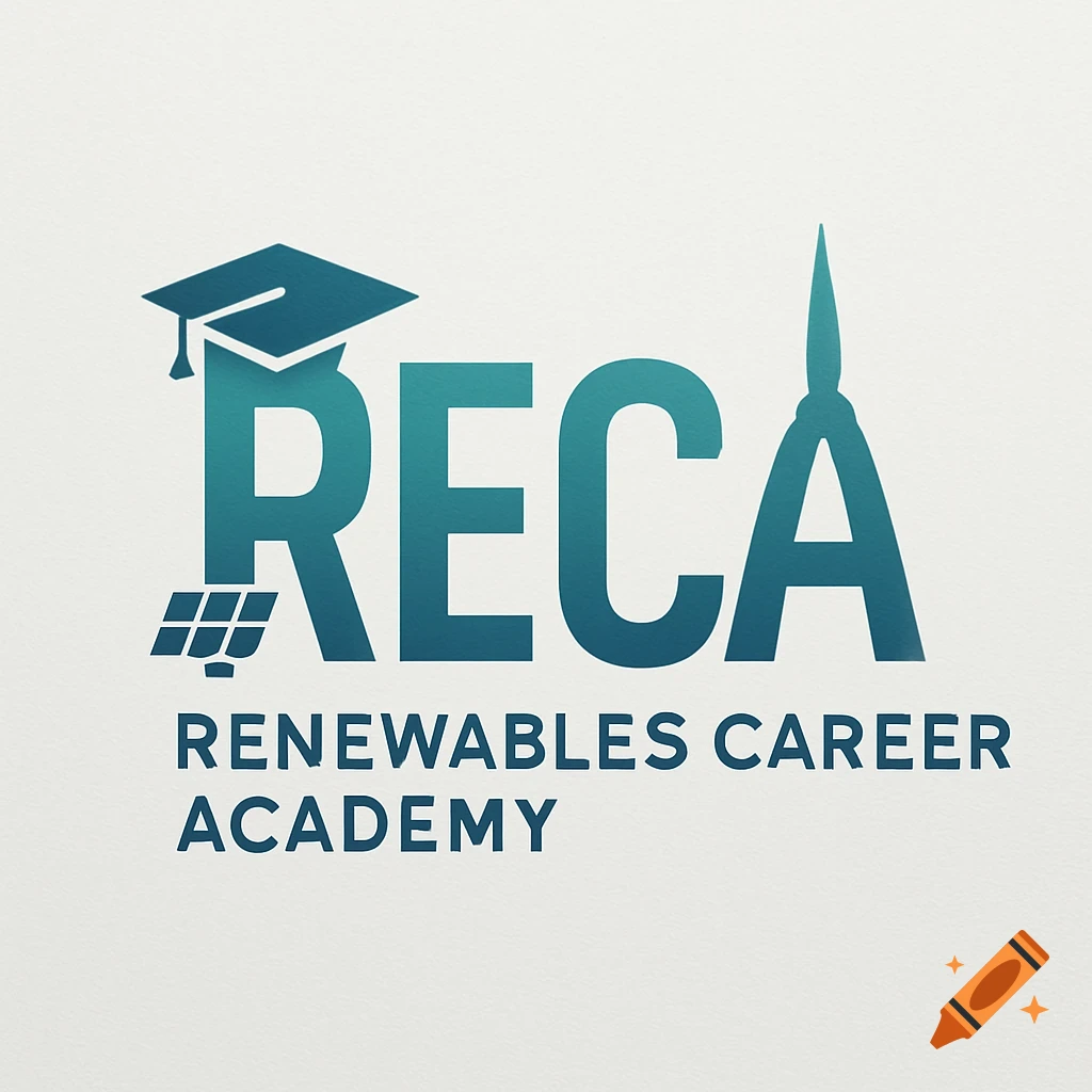 RECA Renewables Career Academy logo with a graduation cap, solar panel, and wind turbine in teal and blue.