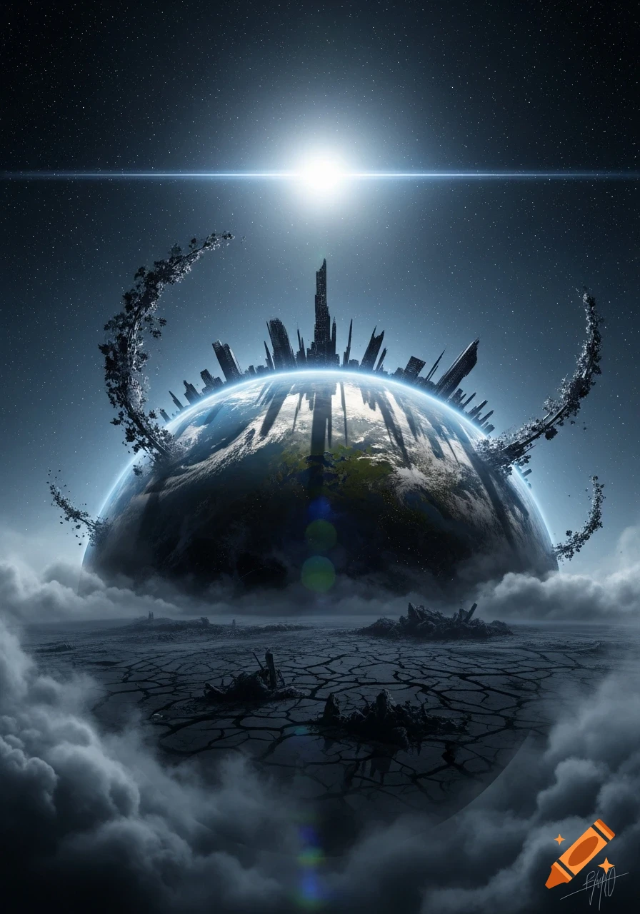 A futuristic Earth with towering cities, broken rings, cracked ground, and swirling clouds under a bright sun in space.