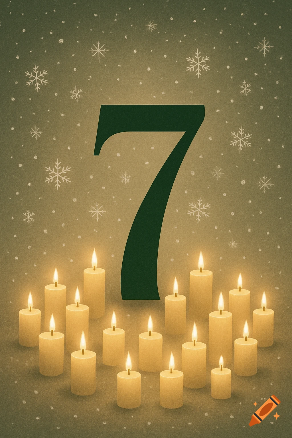 A large dark green number 7 surrounded by many lit candles and white snowflakes on a textured green and gold background.