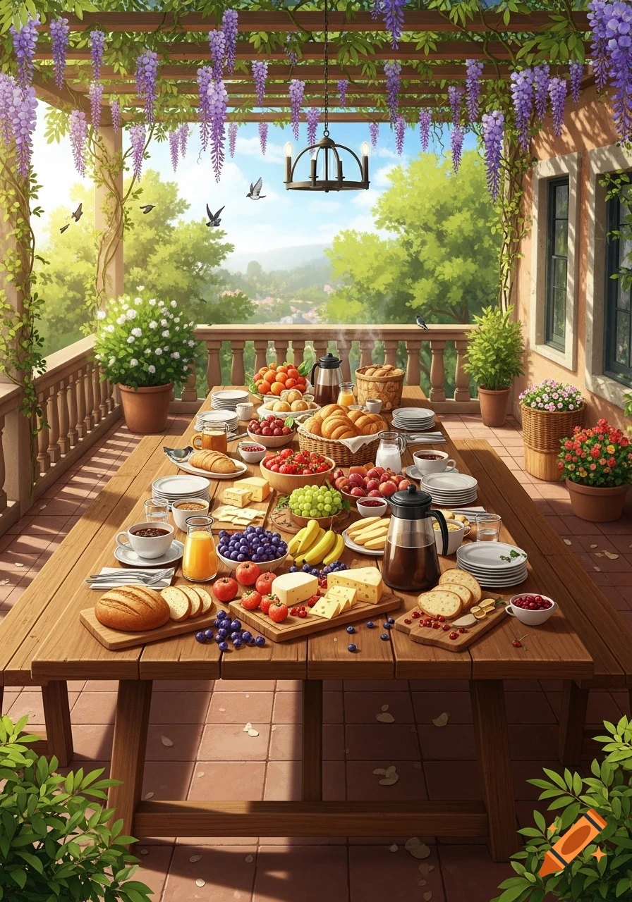A vibrant outdoor breakfast spread on a wooden table under a wisteria pergola, with fruits, pastries, and coffee, overlooking a valley.