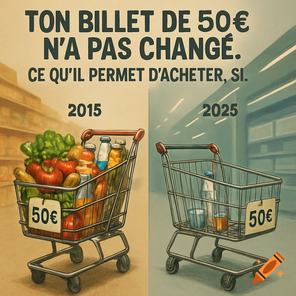 An illustration comparing a full shopping cart (2015) with an almost empty one (2025), both labeled 50", showing inflation.