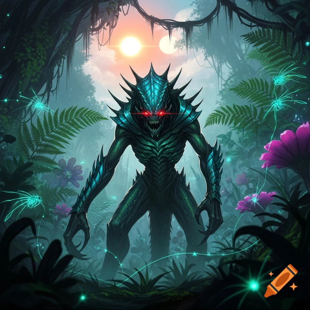 A menacing, spiky green alien with red glowing eyes stands in a dark, misty jungle with bioluminescent plants under two suns.