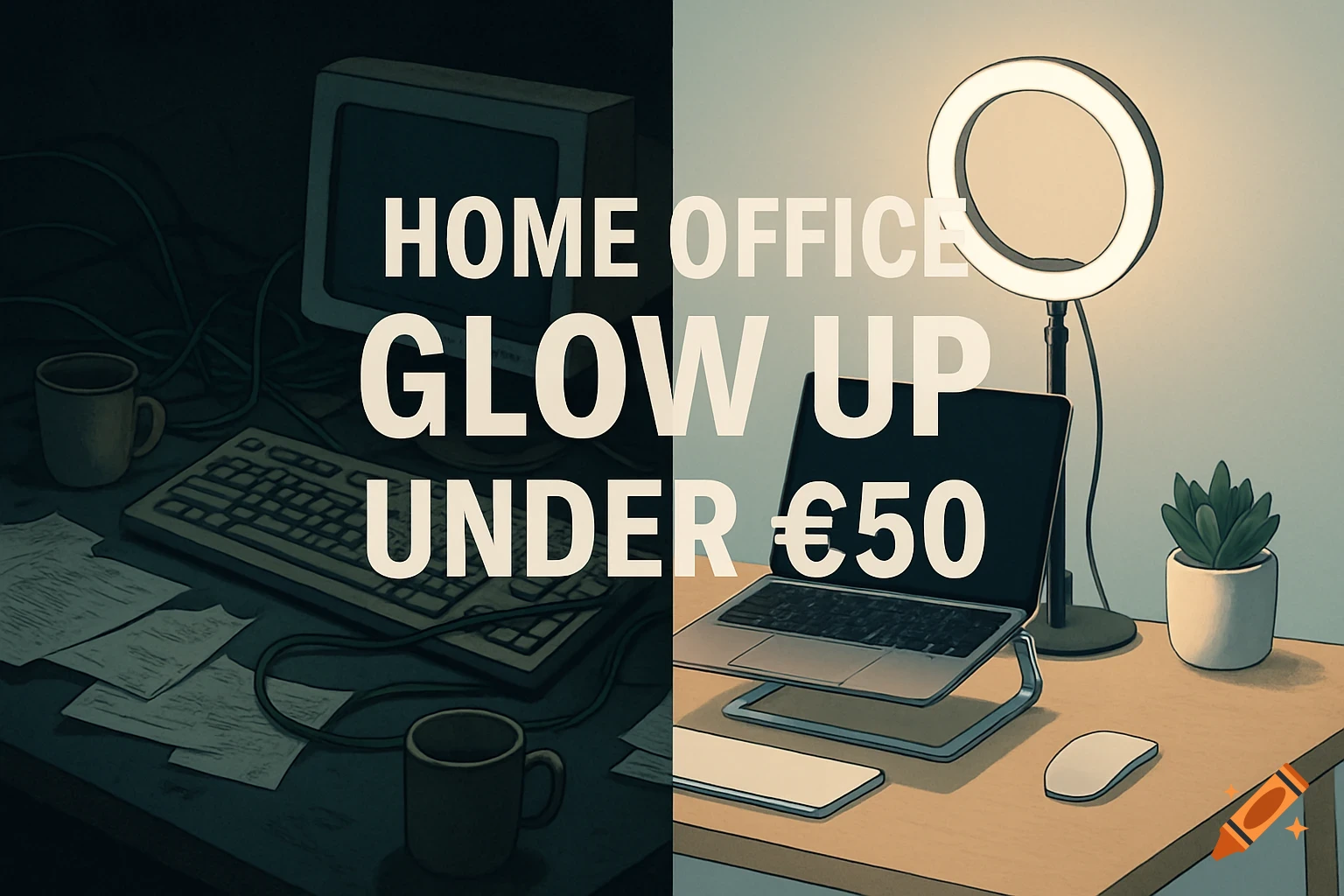 Split-screen illustration showing a messy dark home office and a clean bright modern home office setup.