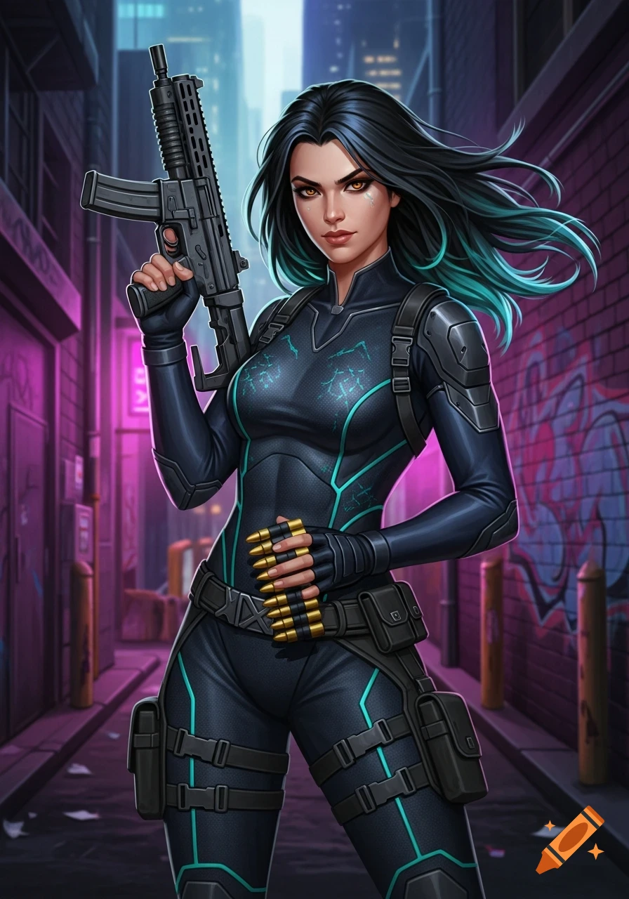A dark-haired woman with teal streaks in a black tactical suit holding a rifle stands in a neon-lit urban alley.