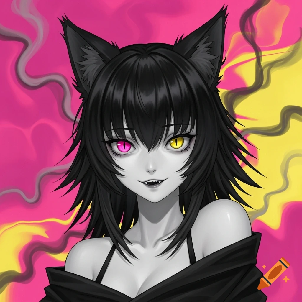 Anime-style portrait of a black-haired catgirl with heterochromatic pink and yellow eyes, a sharp smile, and fangs, against a pink and yellow smoky background.