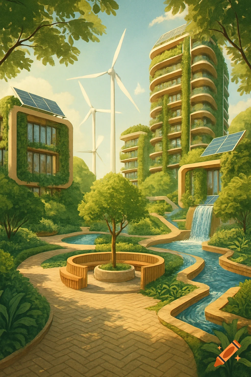 Stylized green city with plant-covered buildings, solar panels, wind turbines, winding waterways, paved paths, and trees.