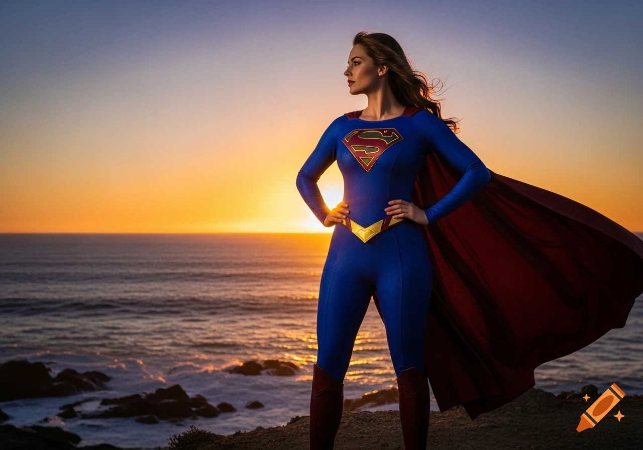 A superhero woman in a blue costume and red cape stands on a cliff ...