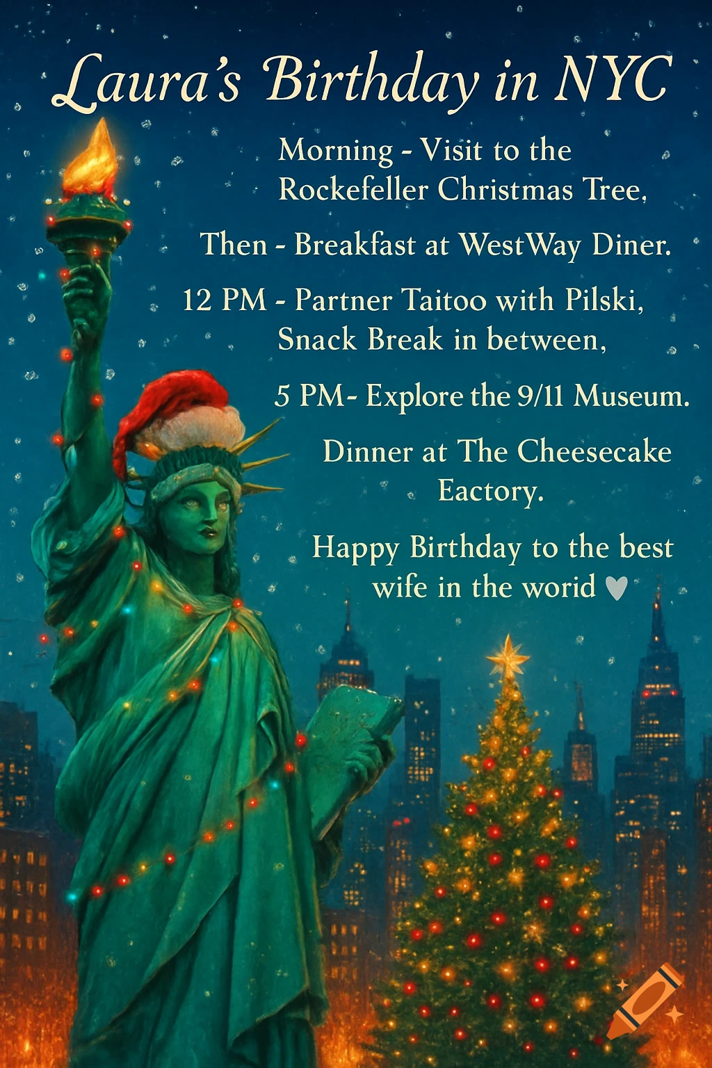 Birthday card for Laura with Statue of Liberty in a Santa hat, draped with Christmas lights, alongside a decorated Christmas tree and the NYC skyline at night.