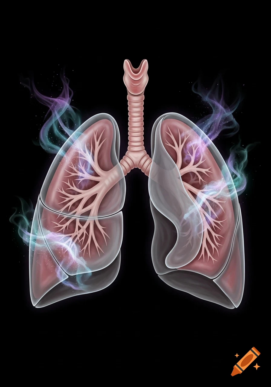Illustrative human lungs and trachea enveloped by blue and purple vapor on a black background, depicting the effects of vaping.