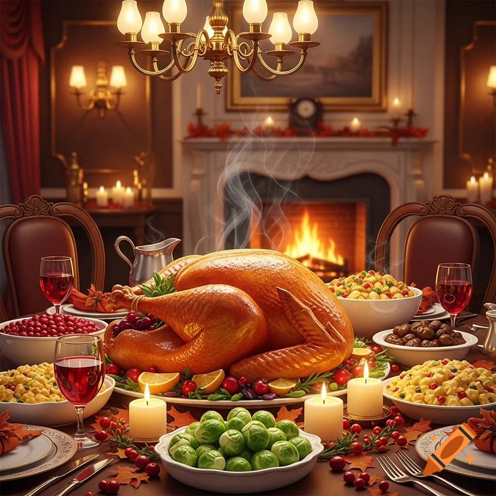 A photorealistic festive dinner table with a roasted turkey, side dishes, candles, and wine in a cozy room with a fireplace.