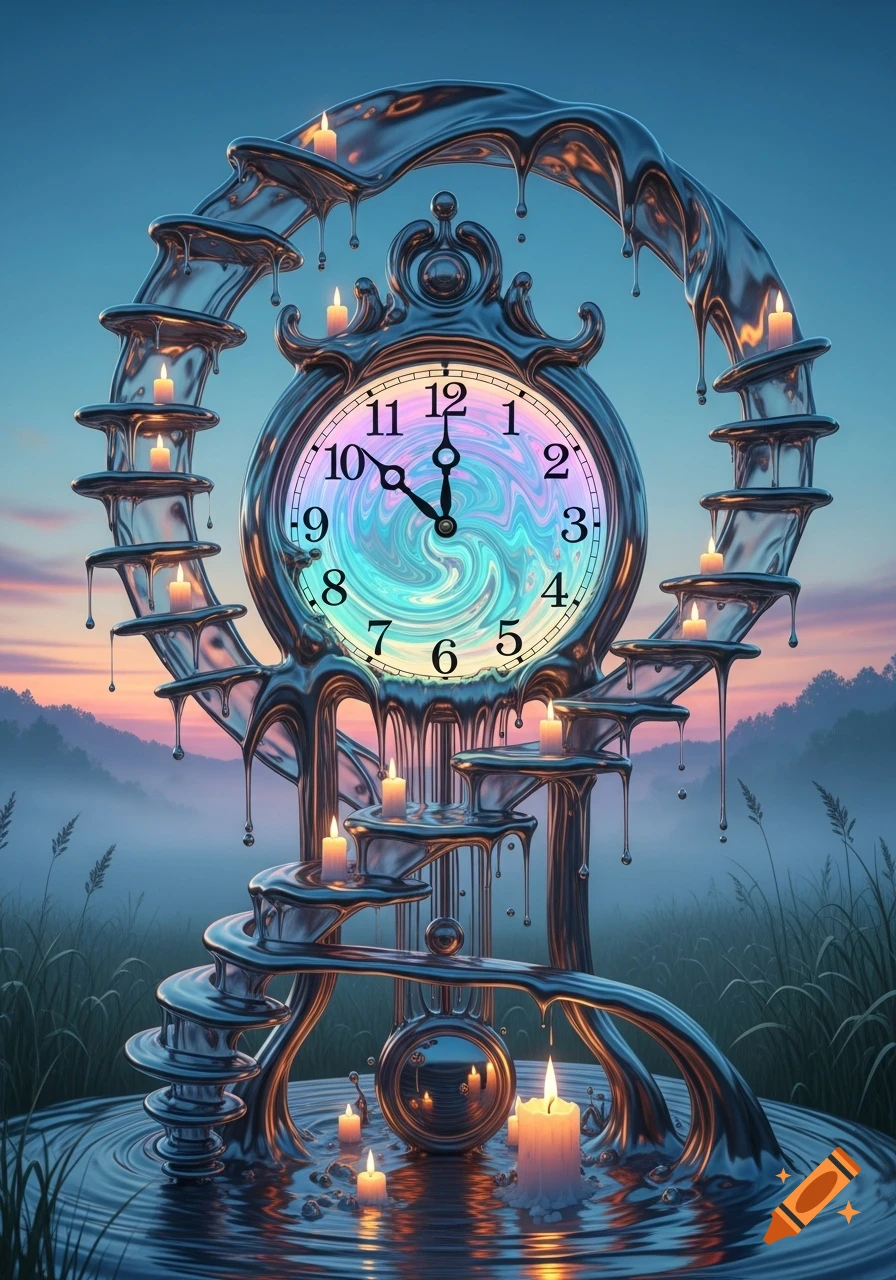 A surreal, melting clock made of liquid metal, adorned with candles, sits in water against a misty sunset landscape.