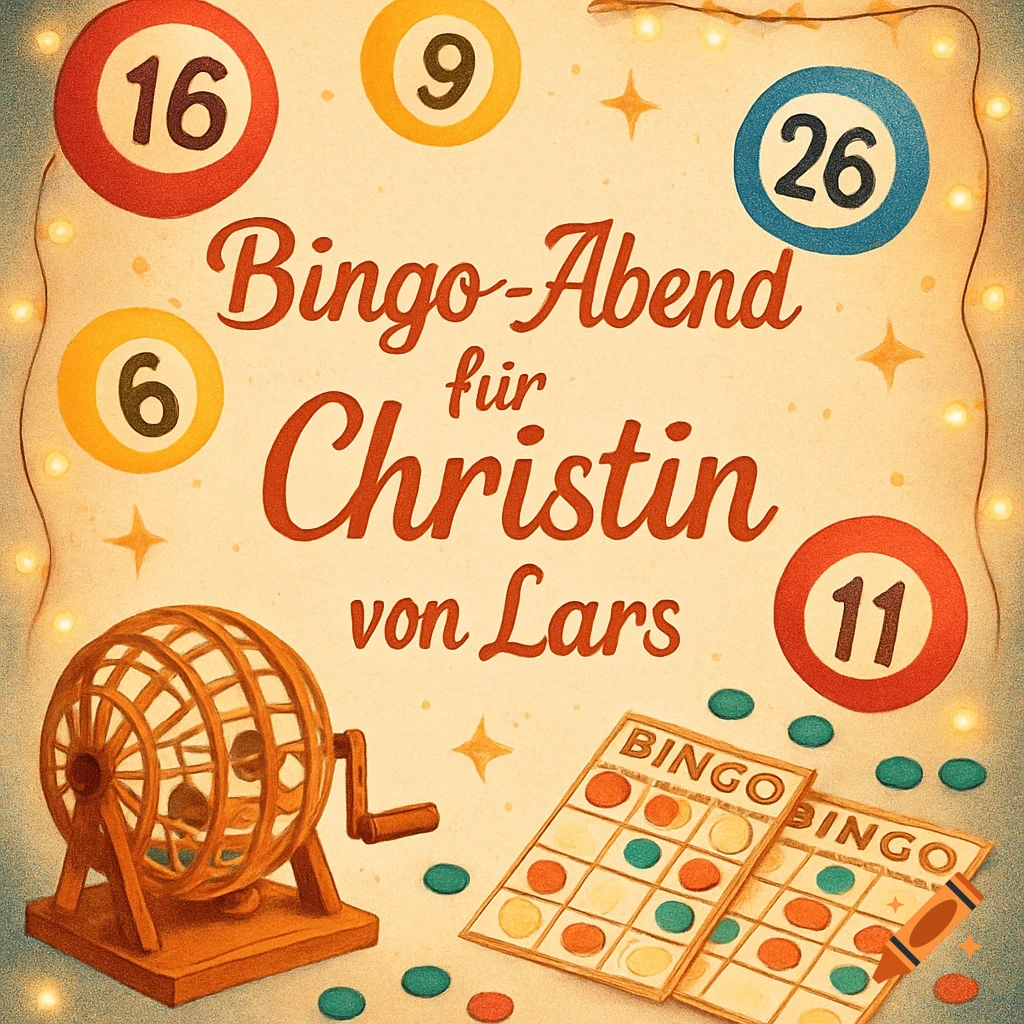 A vintage bingo invitation featuring a bingo cage, numbered balls, and cards, with German text 'Bingo-Abend für Christin von Lars'.