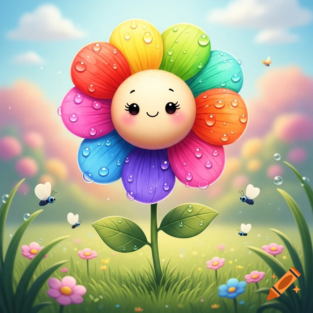 A cute, smiling rainbow flower with water droplets on its petals stands in a vibrant green field with small white butterflies and flowers.