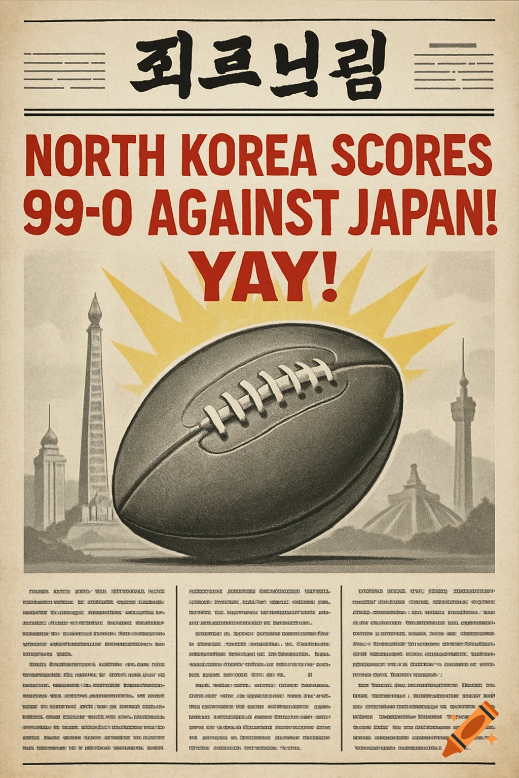 A vintage-style newspaper headline reads "NORTH KOREA SCORES 99-0 AGAINST JAPAN! YAY!" with a football and North Korean landmarks.