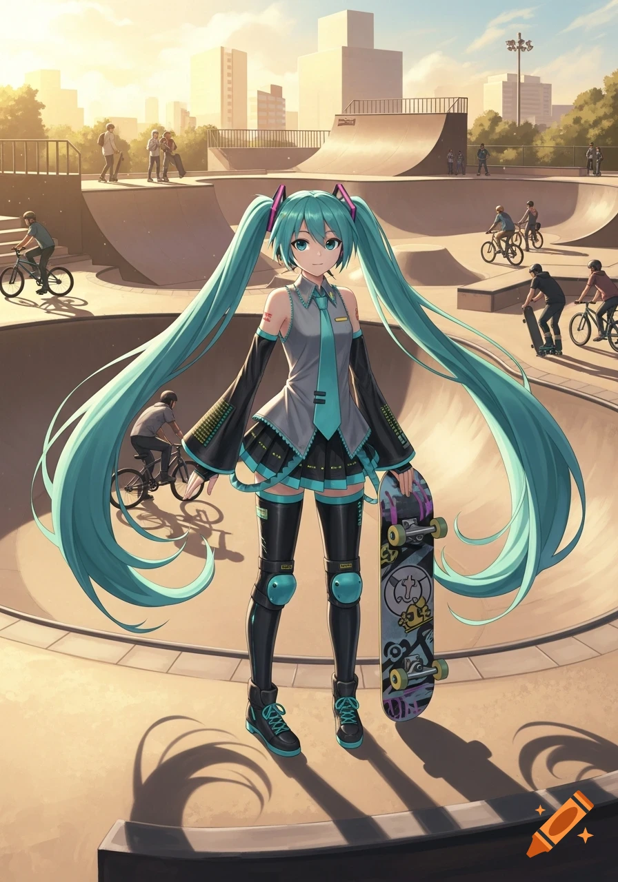 Hatsune Miku, an anime character with long turquoise pigtails, stands holding a skateboard in a sunny skatepark with people on bikes.