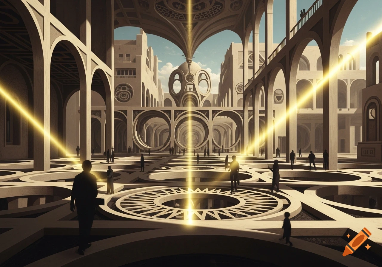 A grand, futuristic architectural structure with towering arches ...