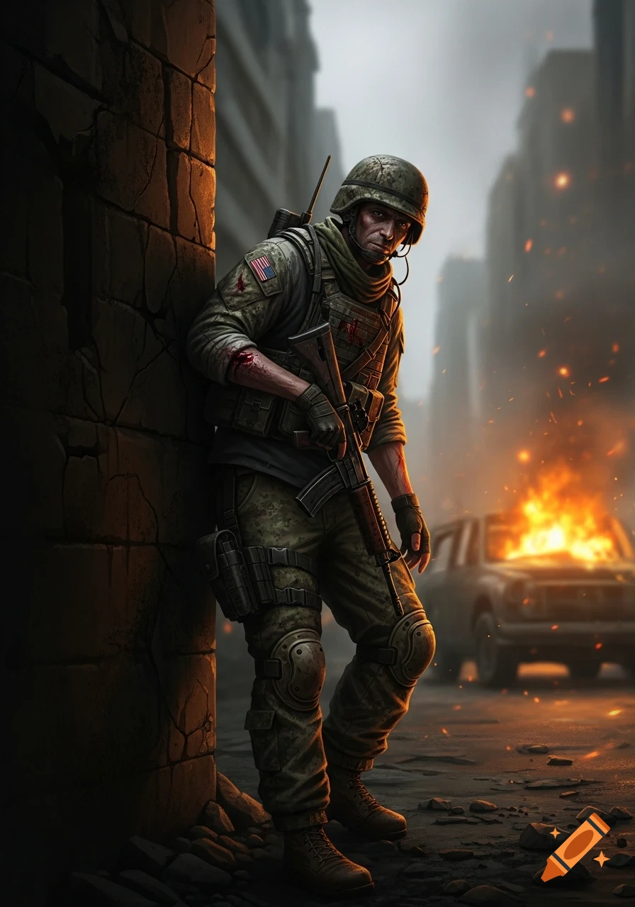 A wounded soldier in camouflage uniform leans against a wall amidst rubble, with a burning car in the background of a war-torn city.