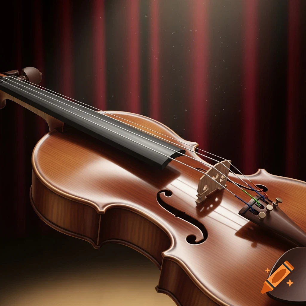 A photorealistic close-up of a brown wooden violin with a shiny surface, set against a dark red curtain.