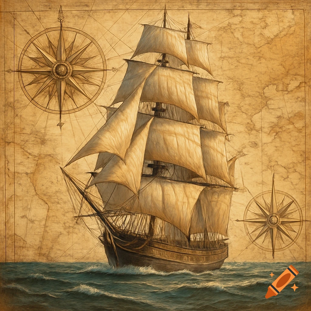 A vintage-style illustration of a large sailing ship with full sails on a stormy sea, set against a background resembling an old map with compass roses.