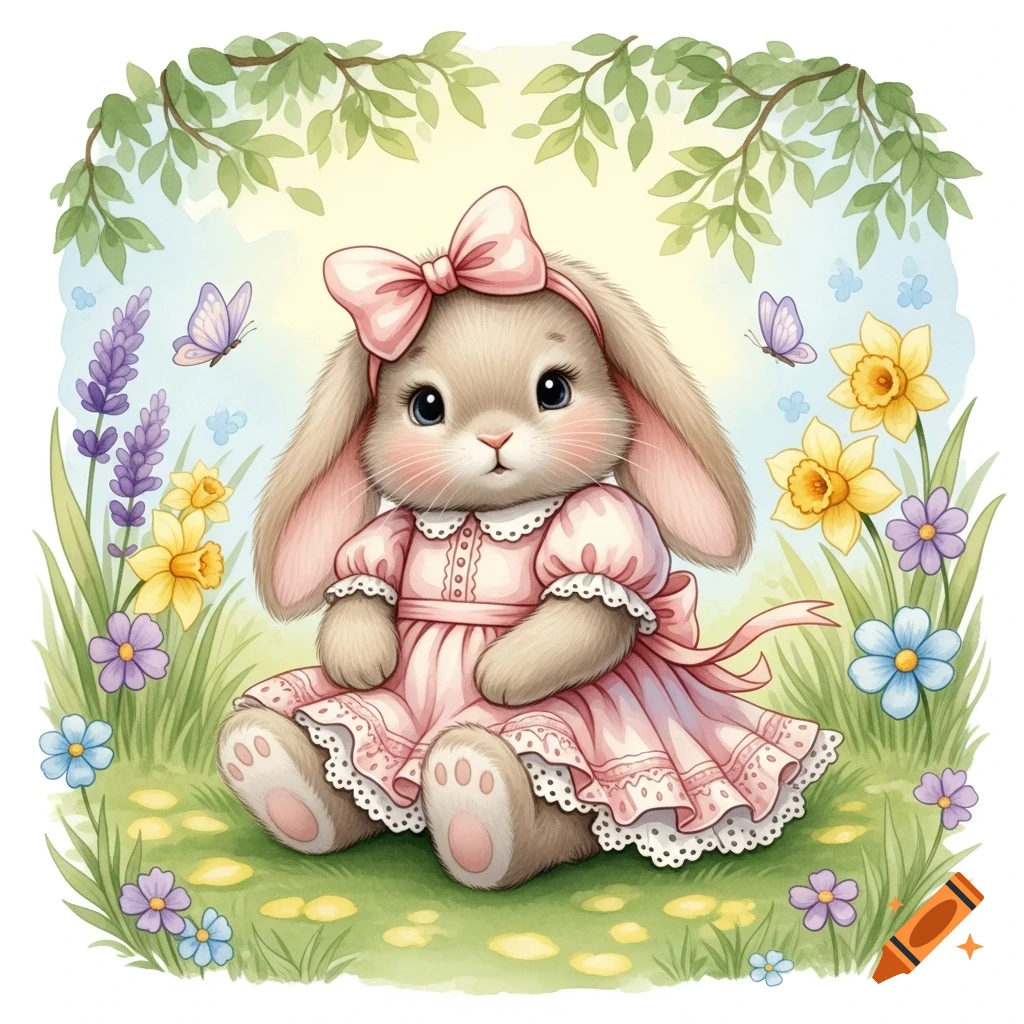 Cute watercolor illustration of a bunny wearing a pink dress and bow, sitting in a field of colorful spring flowers and butterflies.